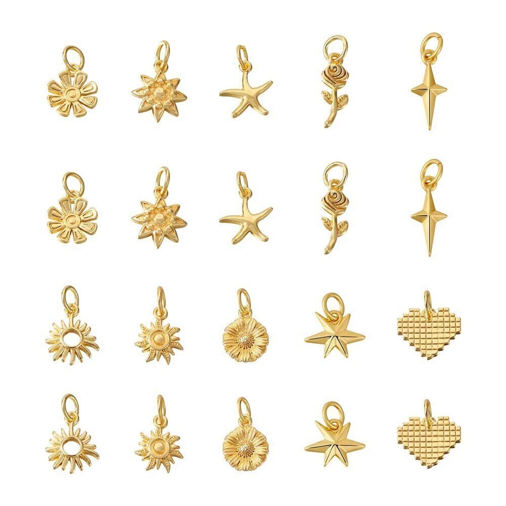 3331 20Pcs 18K Gold Brass Pendants Charms Flower Rose Sun Star Heart